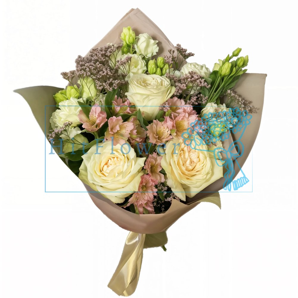 Букет цветов из: Розы, Лизиантусы и Альстромерии