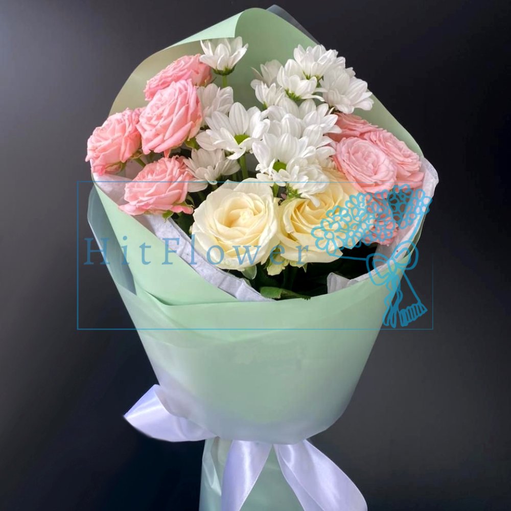 Букет цветов из: Хризантемы и Розы